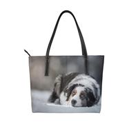 Hnnkloy Pastor australiano, invierno, nieve, perros grises,Bolso de mano de piel sintética, bolso tote de gran capacidad, bolso de hombro para mujer, ideal para el trabajo y los viajes.