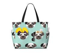 Hnnkloy Patrón infantil con ilustración de cachorro azul de Pug,Bolso de playa de gran capacidad, bolso de hombro de viaje para mujer, bolso de mano impermeable.