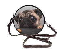 Hnnkloy Perro carlino gracioso y codicioso,Bolso de hombro de piel sintética, bolso cruzado redondo - Bolso circular para mujer