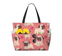 Hnnkloy Perro Pug con forma de corazón para el Día de San Valentín,Bolso de playa de gran capacidad, bolso de hombro de viaje para mujer, bolso de mano impermeable.