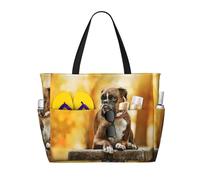 Hnnkloy Perros Boxer Mascotas de otoño Perros Boxer marrones,Bolso de playa de gran capacidad, bolso de hombro de viaje para mujer, bolso de mano impermeable.