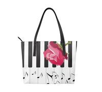 Hnnkloy Rosa roja sobre notas musicales de piano,Bolso de mano de piel sintética, bolso tote de gran capacidad, bolso de hombro para mujer, ideal para el trabajo y los viajes.