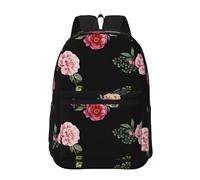 Hnnkloy Rosas rojas y rosadas con estampado floral vintage sobre fondo negro,Mochila informal de 17 pulgadas con bolsillos, resistente al agua, para la escuela.