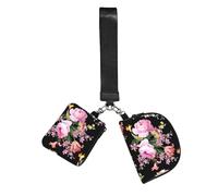 Hnnkloy Rosas rosadas vintage sobre fondo natural,Bolso de muñeca para deportes al aire libre, monedero portátil, cartera de muñeca con llavero desmontable