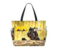 Hnnkloy Schnauzer miniatura Mascotas Perros negros,Bolso de playa de gran capacidad, bolso de hombro de viaje para mujer, bolso de mano impermeable.