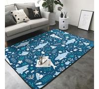 Hnnkloy Tiburón Sonriente Animales Marinos Peces Estrella de mar Azul, Alfombra Grande Antideslizante para Sala de Estar o Dormitorio, 208 x 148 cm.