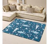 Hnnkloy Tiburón Sonriente Animales Marinos Peces Estrella de mar Azul, Alfombra Grande Antideslizante para Sala de Estar o Dormitorio, 160 x 120 cm.
