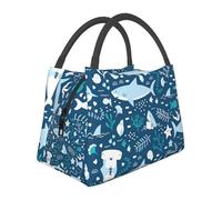 Hnnkloy Tiburón sonriente Animales marinos Peces Estrella de mar Azul,Bolsa de almuerzo portátil, bolsa isotérmica, fiambrera duradera, bolsa térmica reutilizable.