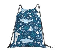 Hnnkloy Tiburón sonriente Animales marinos Peces Estrella de mar Azul,Mochila con cordón unisex, bolsa deportiva para gimnasio, mochila informal para el día a día.