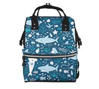 Hnnkloy Tiburón sonriente Animales marinos Peces Estrella de mar Azul.Mochila de maternidad de gran capacidad, bolso cambiador, mochila de viaje para actividades al aire libre.