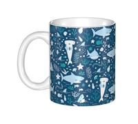 Hnnkloy Tiburón sonriente Animales marinos Peces Estrella de mar Azul,Taza de cerámica grande para café, ideal para cocina, restaurante, oficina o cafetería, 330 ml.