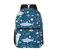 Hnnkloy Tiburón sonriente Animales marinos Peces Estrellas de mar Azul,Mochila informal de 17 pulgadas con bolsillos, resistente al agua, para la escuela.