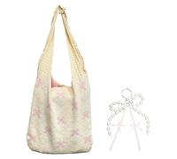 Hnonoxy Bolso De Ganchillo Beige,Bolso tote con lazo rosa con Llavero De Perlas Con Doble Lazo, Ligero Bolsa De Playa Tote Bag para Ir De Compras Y Para Las Vacaciones-35×1×36CM