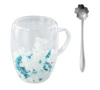 Hnonoxy Tazas de Café de Vidrio de Doble Pared, 350 ml Flores Secas Tazas de Café con Asas, Taza de Café Doble Cristal, Vasos Térmicos Transparente para Té Capuchino Jugo Espresso Latte (Blue)