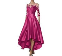 HNULGVI Vestido De Fiesta para Boda Apliques de satén con Escote en V, asimétrico, Largo hasta la Rodilla, Corte A, Delantero Corto, Espalda Larga, for invitada Boda(Fuchsia,6)