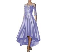 HNULGVI Vestido De Fiesta para Boda Apliques de satén con Escote en V, asimétrico, Largo hasta la Rodilla, Corte A, Delantero Corto, Espalda Larga, for invitada Boda(Lilac,4)