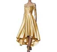 HNULGVI Vestido De Fiesta para Boda Apliques de satén con Escote en V, asimétrico, Largo hasta la Rodilla, Corte A, Delantero Corto, Espalda Larga, for invitada Boda(Gold,14W)