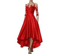 HNULGVI Vestido De Fiesta para Boda Apliques de satén con Escote en V, asimétrico, Largo hasta la Rodilla, Corte A, Delantero Corto, Espalda Larga, for invitada Boda(Red,6)