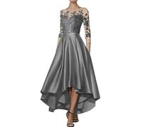 HNULGVI Vestido De Fiesta para Boda Apliques de satén con Escote en V, asimétrico, Largo hasta la Rodilla, Corte A, Delantero Corto, Espalda Larga, for invitada Boda(Gray,10)