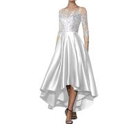 HNULGVI Vestido De Fiesta para Boda Apliques de satén con Escote en V, asimétrico, Largo hasta la Rodilla, Corte A, Delantero Corto, Espalda Larga, for invitada Boda(White,8)