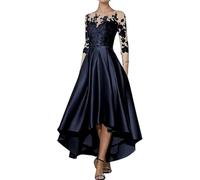 HNULGVI Vestido De Fiesta para Boda Apliques de satén con Escote en V, asimétrico, Largo hasta la Rodilla, Corte A, Delantero Corto, Espalda Larga, for invitada Boda(Blue 2,10)