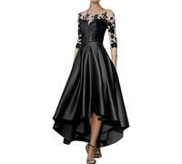 HNULGVI Vestido De Fiesta para Boda Apliques de satén con Escote en V, asimétrico, Largo hasta la Rodilla, Corte A, Delantero Corto, Espalda Larga, for invitada Boda(Black,16W)