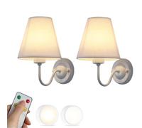 HNVBDOPAE Aplique de Pared a Pilas con Control Remoto, Pantalla de Tela Blanca, Cuello de Cisne, Estilo Rústico, Inalámbrico, Juego de 2 Lámparas Vintage Inalámbricas de Pared para Dormitorio, Sala de