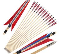 HNZMDY Flechas de Madera de Tiro con Arco POEARCUS, Flecha de Objetivo de Caza Tradicional de 32 Pulgadas 5 "Pluma de Turquía Arco recurso Artesanal Arco Largo 6/12 Paquetes (6, Rojo + Azul)