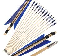 HNZMDY Flechas de Madera de Tiro con Arco POEARCUS, Flecha de Objetivo de Caza Tradicional de 32 Pulgadas 5 "Pluma de Turquía Arco recurso Artesanal Arco Largo 6/12 Paquetes (12, Azul + Negro)