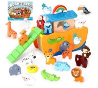 Hoarosall Noah Ark - Juego de 27 juguetes de madera para 1 a 3 años, bautizo, Navidad, cumpleaños, regalo biblia bilingüe, historia bíblica, montessori, clasificador de formas, juguete educativo