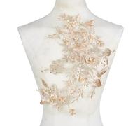 HOBBIESAY 2 apliques de encaje de flores doradas claras en 3D, apliques bordados florales con cuentas de perlas, parches florales para coser para mujer, vestido de boda, corpiño para disfraz, ropa,