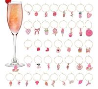 HOBBIESAY 40 colgantes de copa de vino con 40 anillos, color rosa, diferentes identificadores de bebidas, marcadores de cristal metálicos para fiestas, bodas, eventos, accesorios para despedidas de