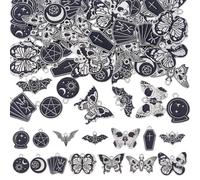 HOBBIESAY 56 dijes góticos de aleación de 14 estilos, color negro, para Halloween, mariposa, estrella, luna, sol, cruz, para pulsera, collar, aretes, joyería, agujero: 1,8-2 mm, Aleación, esmalte