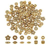 HOBBIESAY 90 unidades de 6 estilos, cuentas espaciadoras doradas antiguas, 5 7 mm, cuentas de estilo tibetano, tubos de aleación, espaciadores de flores, cuentas redondas planas para hacer joyas