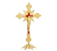 HOBBIESAY Crucifijo católico de pie de 24,51 cm, estatua cristiana espiritual de Jerusalén, cruz dorada con base para mesa, pared, hogar, iglesia, decoración bautismal, regalos de boda