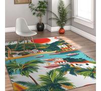 HOBBOY 140x200cm Alfombras para el salón Alfombras Mediterráneas costeras Lavables Casas Coloridas Barcos de Pesca Palmera Interior Alfombra Fina Grande para Comer