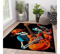 HOBBOY 160x200cm Alfombras para salón Lavable Esqueleto alfombras Grandes para Comedor Dormitorio Guitarrista y batería Naranja neón Alfombra de Pelo bajo Musical