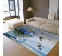 HOBBOY 180x210cm Alfombras para salón hortensias Lavables Alfombra Antideslizante Pelo bajo de Pelo Largo alfombras Grandes de Cristal Floral Azul Blanco Alfombra con patrón de Cielo para Comer