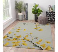 HOBBOY Alfombra Abstracta Moderna 120x150cm Alfombra área para Dormitorio alfombras Lavables salón alfombras orientales Amarillas Ginkgo y Aves Pelo bajo Antideslizante para Suelos Interiores