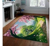 HOBBOY Alfombra área Delgada Estilo Anime fantasía Camino Flor Cerezo Pradera Bosque Verde alfombras Antideslizantes Lavables para Sala Juegos guardería 120 x 170 cm