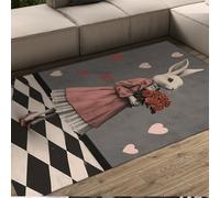 HOBBOY Alfombra área Rosas Romance Chic Bunny Lady con alfombras Ramo 120 x 180 cm Decoración Suelo Pelo bajo con Corazones en Blanco y Negro a Cuadros Rosas y Rojos