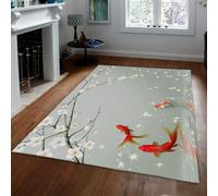HOBBOY Alfombra Vintage para el salón 140x200cm Koi Rojo y Flores de Cerezo Alfombra Lucky Feng Shui Design Alfombras de Pelo bajo para Dormitorio y Estudio de Oficina