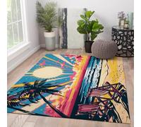 HOBBOY Alfombras 120x160cm Alfombra Retro Zona Playa Palmeras Vintage de Atardecer Estampado de sillas Playa Alfombra Interior Pop Art Costera Bohemia de Pelo bajo para decoración del salón