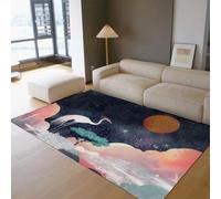 HOBBOY Alfombras Dormitorio Cielo Estrellado fantasía 120 x 180 cm Grulla Blanca sobrevuela Entre la Luna carmesí y la Alfombra Fina Estampado Pino Verde Estética Oriental Arte Suelo