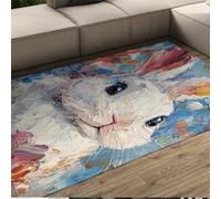 HOBBOY Alfombras Dream Bunny 150 x 210 cm Retrato Mono de Conejo Blanco con Salpicaduras vivas en Azul y Pastel Alfombra de Pelo bajo con Estampado de Pelo bajo y decoración Divertida del Dormitorio