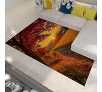 HOBBOY Alfombras Estilo Granja otoño 80 x 150 cm Paisaje del Atardecer Campo arroz Amarillo Camino Campo arces Rojos Estampados Alfombra Delgada para la Sala Estar casa Campo