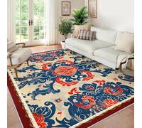 HOBBOY Alfombras Lavables para el salón Alfombras Suave y Antideslizante moqueta Vintage Bohemia Gran de Interior Azul y roja Patrón de Flores Vintage Alfombra de Pelo bajo 100x200cm