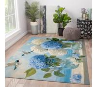 HOBBOY Alfombras para Dormitorio 60x90cm Hortensia Zona de colibríes Alfombra Acuarela Flor Blanca Azul alfombras Cristal Aves Marinas Alfombra Fina Interior para Comedor