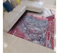 HOBBOY Alfombras Zona Urbana 160 x 230 cm Boceto Rojo y Azul Alfombra Street View para Cocina Salón Modern Urban Line Art Alfombra Fina Antideslizante