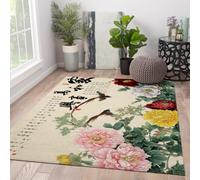 HOBBOY Elegantes Alfombrillas asiáticas de Bienvenida Alfombra Tradicional con Estampado Armonía Familiar de Pelo bajo 120 x 160 cm Peonía China y pajarito Decoración del Suelo para el salón